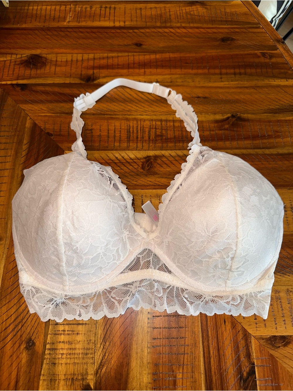 PINK Victoria's Secret Ivory Lace Longline Halter Push-Up Bra